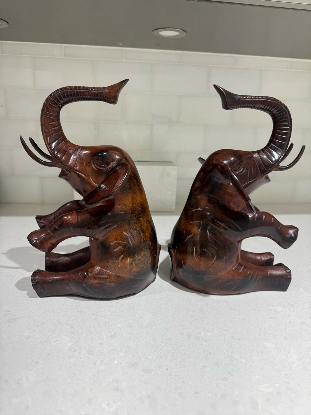 Handcrafted Brown Wood Elephant Bookends - Decorative Home Accents